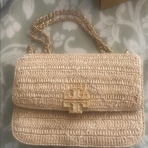 Tory Burch Cream Woven Shoulder Bag with Gold Accents